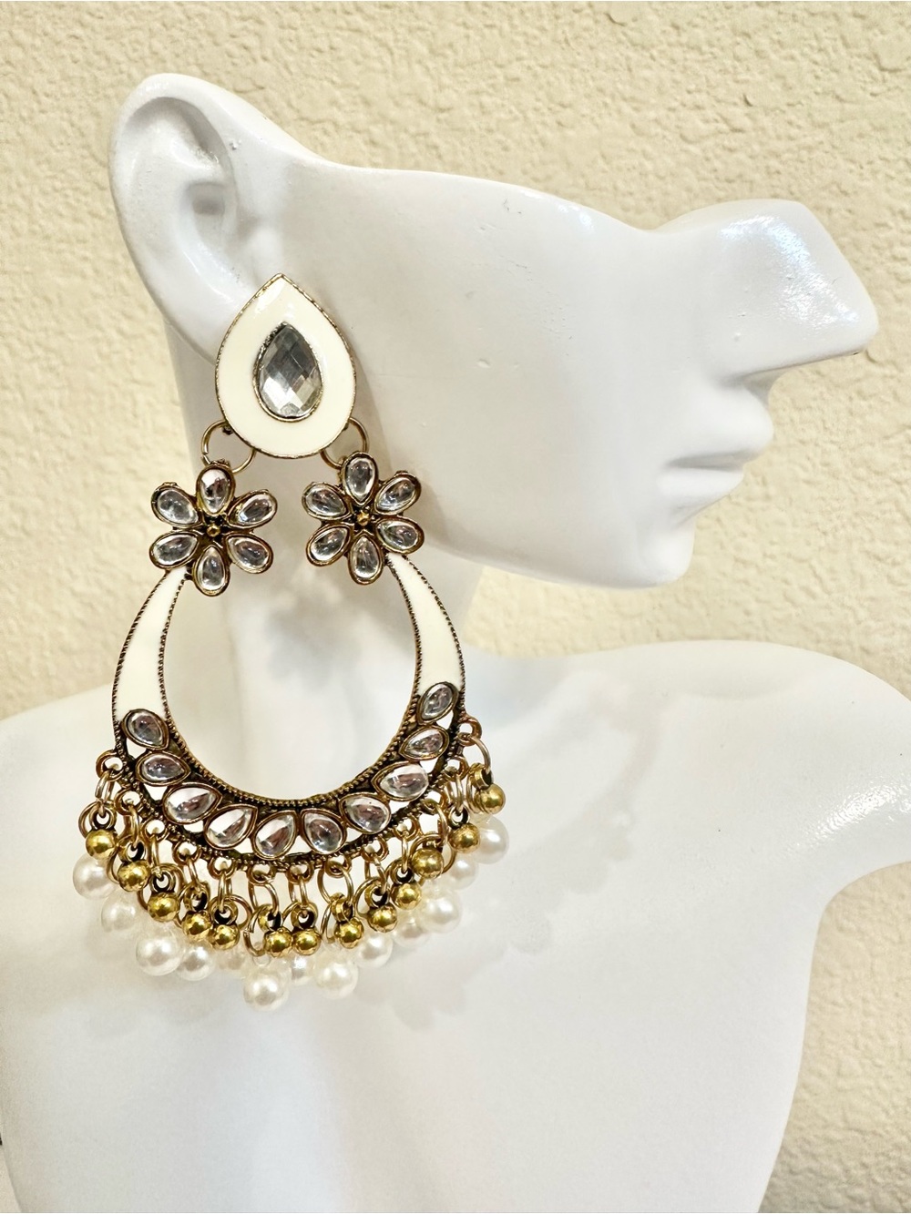 White and Gold Floral Chandelier Earrings with Crystal Accents